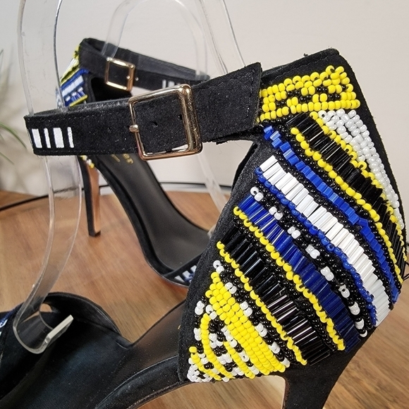 Nicole Miller Beaded Heels Multi Color Seed Bead Black Leather Stiletto Size 7.5 - Picture 3 of 16